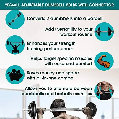 50 lbs Adjustable Dumbbell (25 lbs x 2 pcs)   Dumbbell Bar Connector, Combo/Set