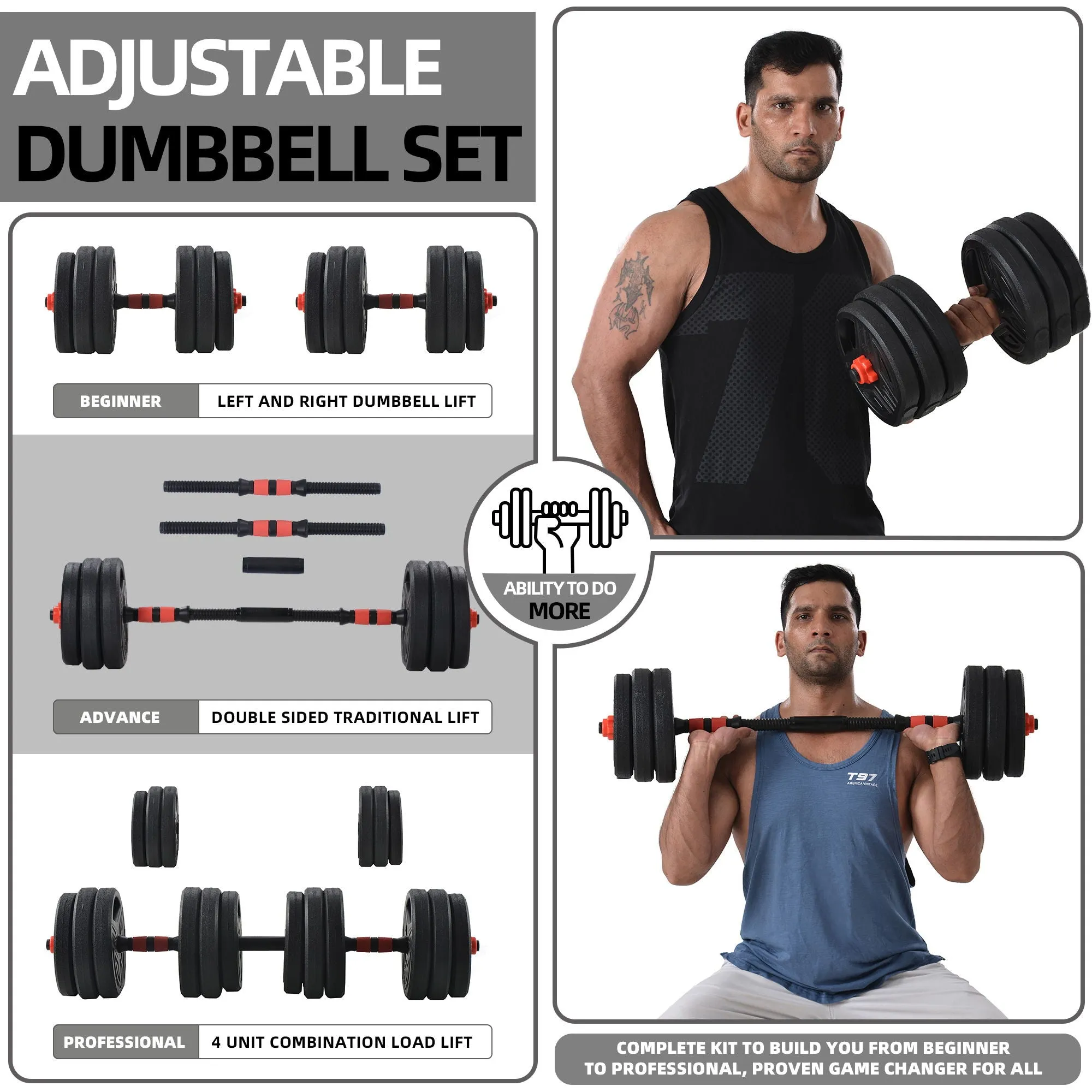 62 Lbs Weights Dumbbells Set, Adjustable Dumbbell Barbell Kettlebells Weight Pair, Kettlebells Design For Each Plate, Free Weights Dumbbells 3 In 1 Sets With Connector For Home Gym, Pair, Black