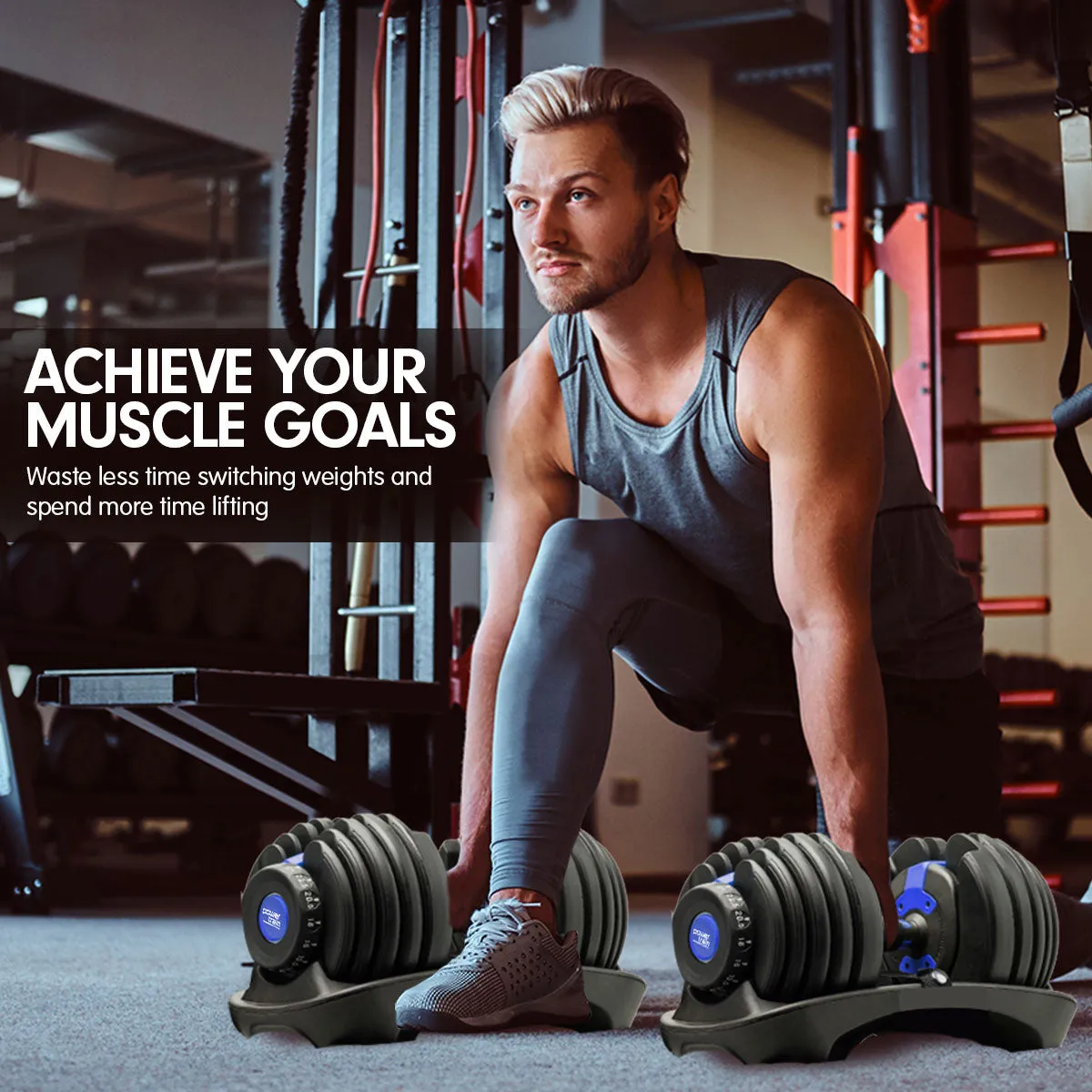Adjustable Dumbbells Powertrain Set 2x24kg 48kg With Stand-Blue
