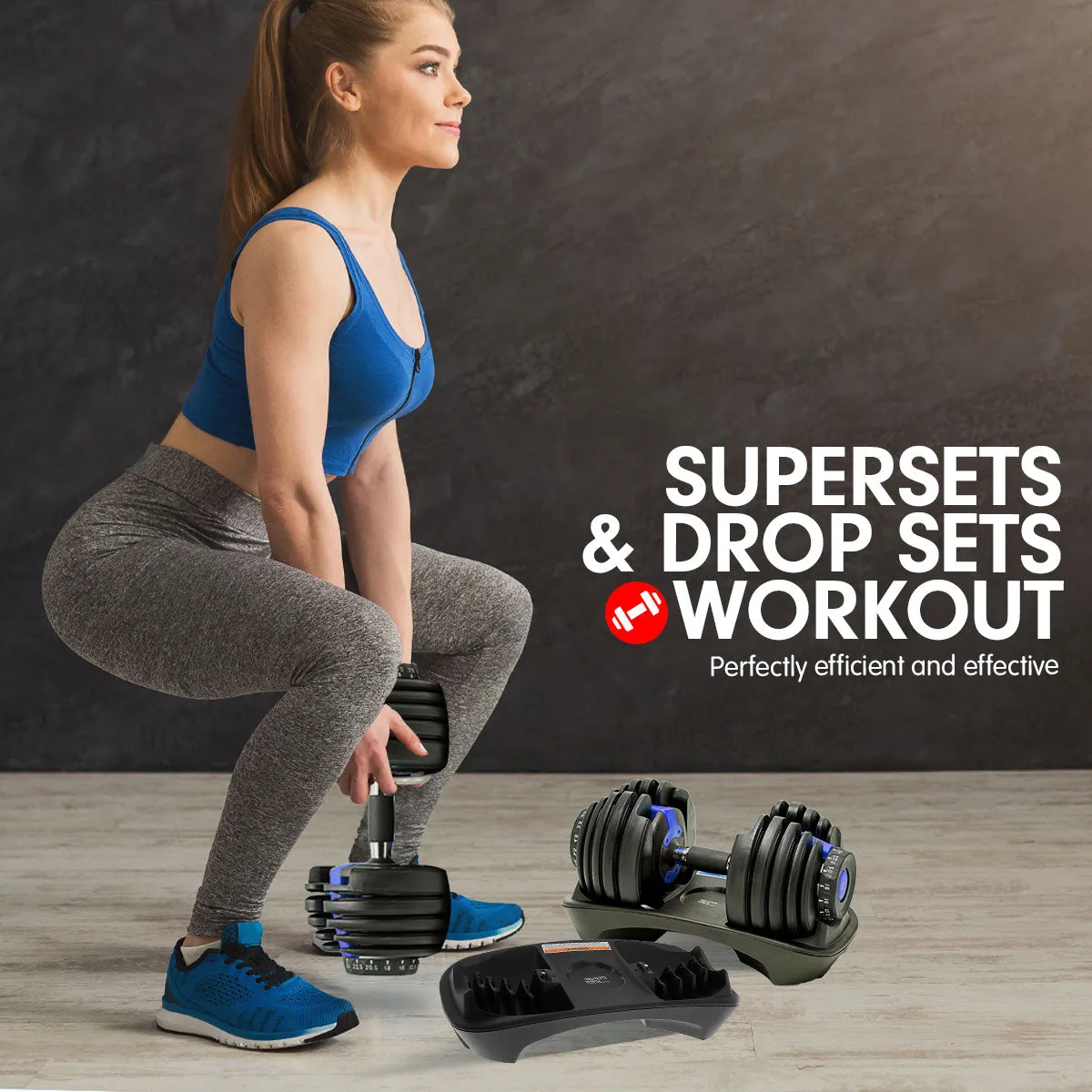 Adjustable Dumbbells Powertrain Set 2x24kg 48kg With Stand-Blue