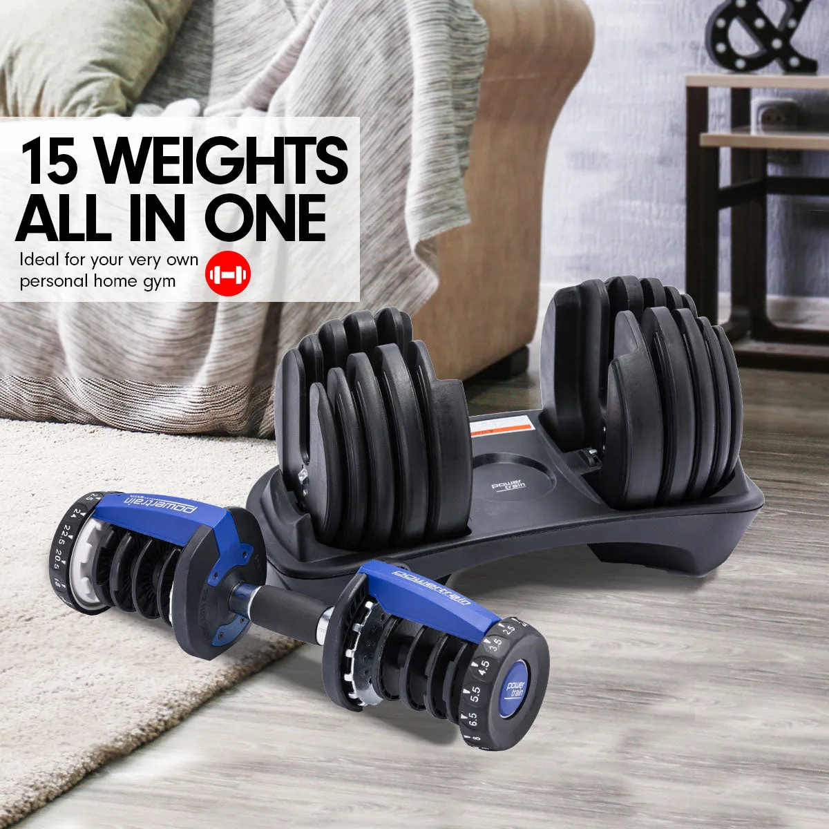 Adjustable Dumbbells Powertrain Set 2x24kg 48kg With Stand-Blue