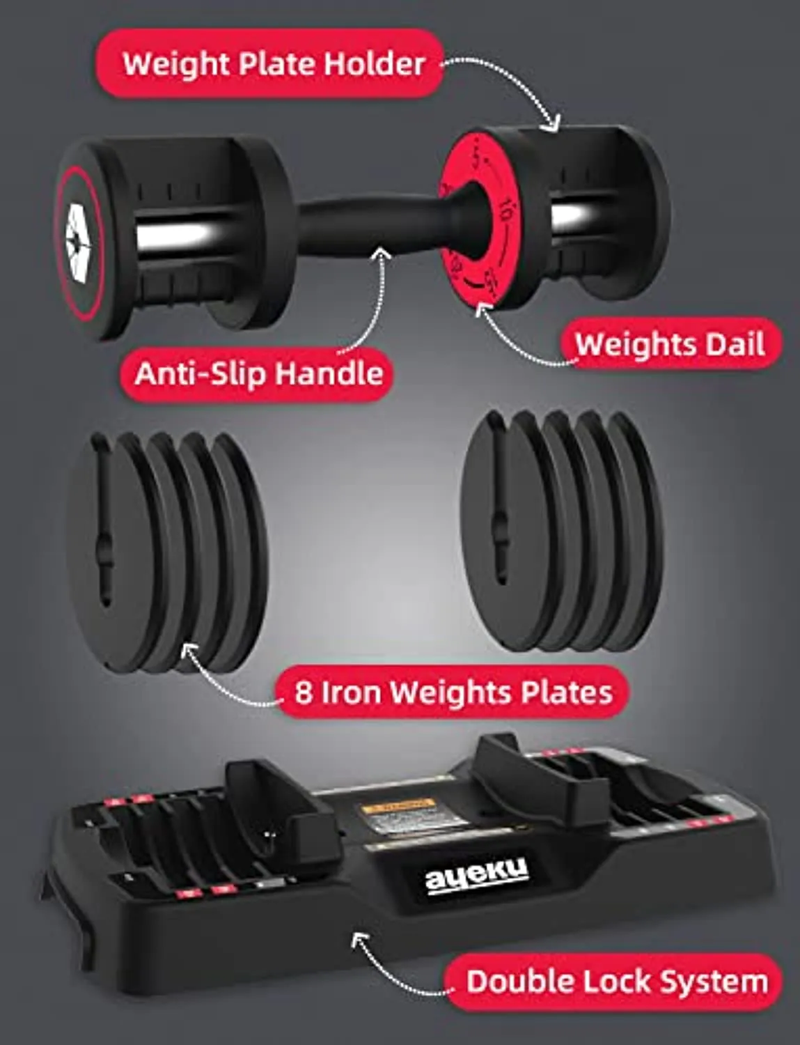 AyeKu Adjustable Dumbbell, 25/55 lbs Single Hand Weight for Men and Women,Dumbell Weight for Home Gym
