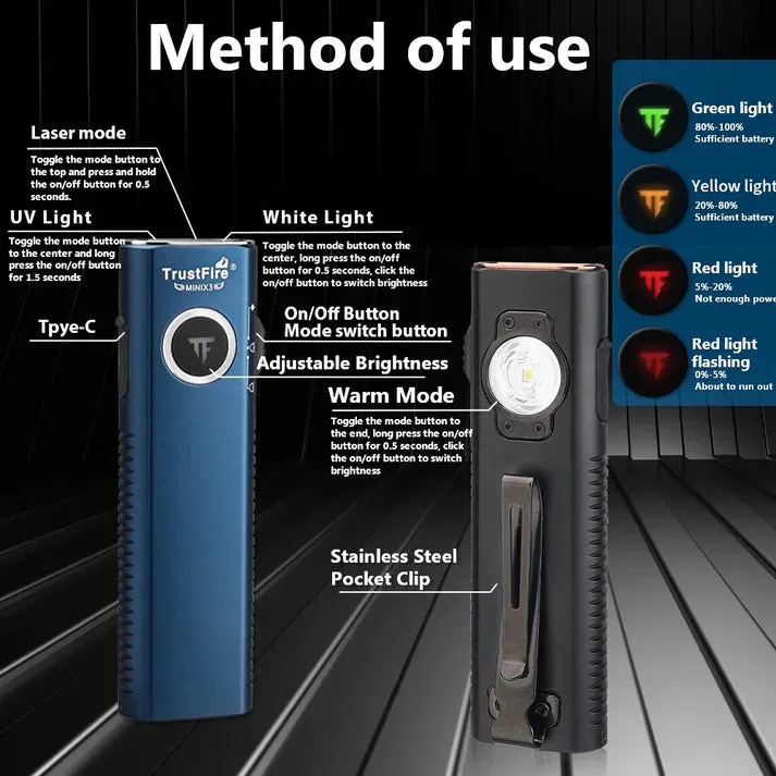 Black-TrustFire Mini X3 EDC Multi-Function Flashlight Available with white light, flood light, green laser, and UV or red light options(BUY NOW AND ENJOY AUTOMATIC 20% OFF)