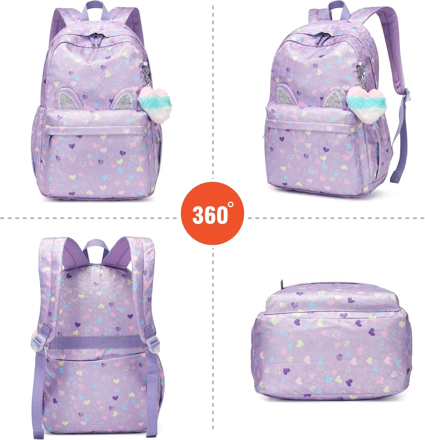CaranY 30L Kids Backpack for Girls & Boys Waterproof Cat Ear School Bag Classic Large Size Lightweight Gift Purple Peach Heart Ideal for Ages 6-18 -Perfect for School & Everyday Use