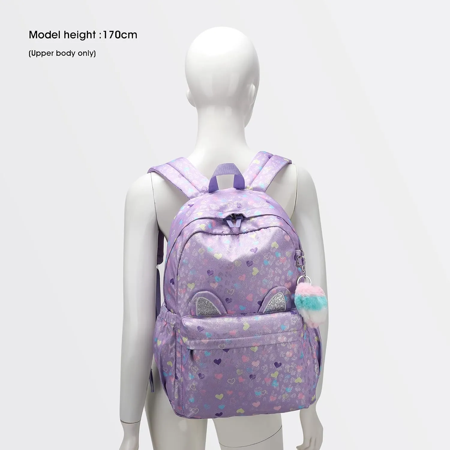 CaranY 30L Kids Backpack for Girls & Boys Waterproof Cat Ear School Bag Classic Large Size Lightweight Gift Purple Peach Heart Ideal for Ages 6-18 -Perfect for School & Everyday Use