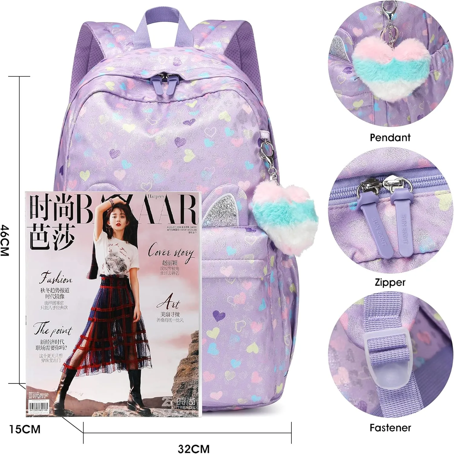 CaranY 30L Kids Backpack for Girls & Boys Waterproof Cat Ear School Bag Classic Large Size Lightweight Gift Purple Peach Heart Ideal for Ages 6-18 -Perfect for School & Everyday Use