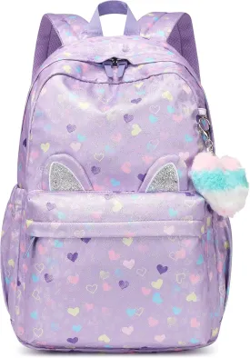 CaranY 30L Kids Backpack for Girls & Boys Waterproof Cat Ear School Bag Classic Large Size Lightweight Gift Purple Peach Heart Ideal for Ages 6-18 -Perfect for School & Everyday Use