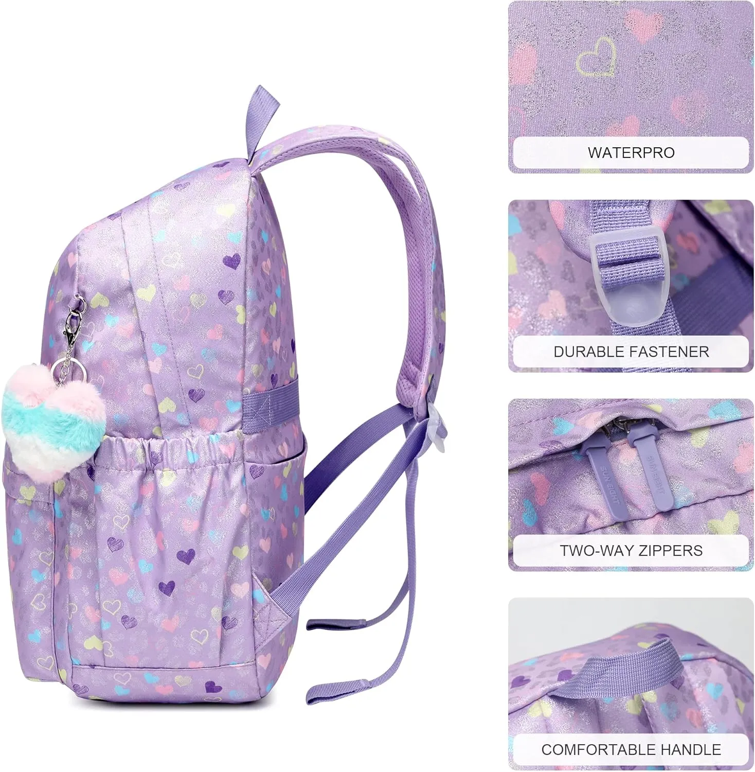 CaranY 30L Kids Backpack for Girls & Boys Waterproof Cat Ear School Bag Classic Large Size Lightweight Gift Purple Peach Heart Ideal for Ages 6-18 -Perfect for School & Everyday Use
