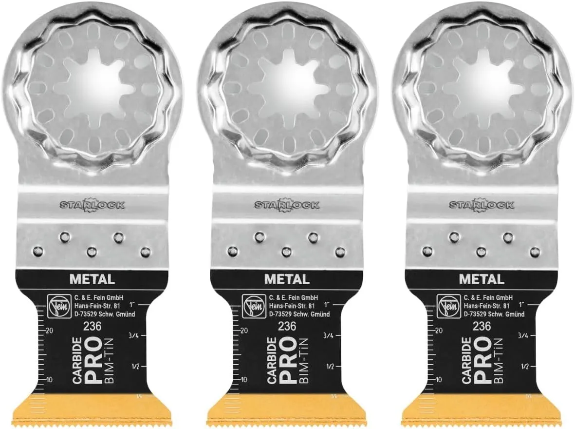 Fein Starlock E-Cut Carbide Pro Saw Blade - Precision Cutting for Hard Metals, Tempered Screws and Abrasive Materials, TiN Coated, 1-1/4" Width, 1-5/8" Length, 3-Pack - 63502236270