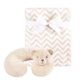 Hudson Baby Neck Pillow and Plush Blanket Set, Tan Bear