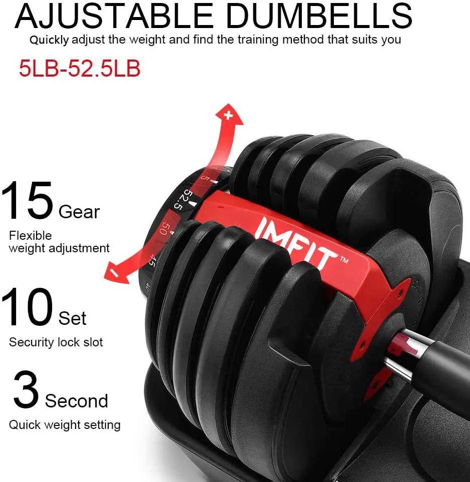 IMFIT 5lb-52.5lb Adjustable Dumbbell with Free Hand Grip- Weight adjusts from 5 to 52.5 lbs. 15 Adjustable Weight Settings, Space Efficient Compact Design, Easily Switch Exercises