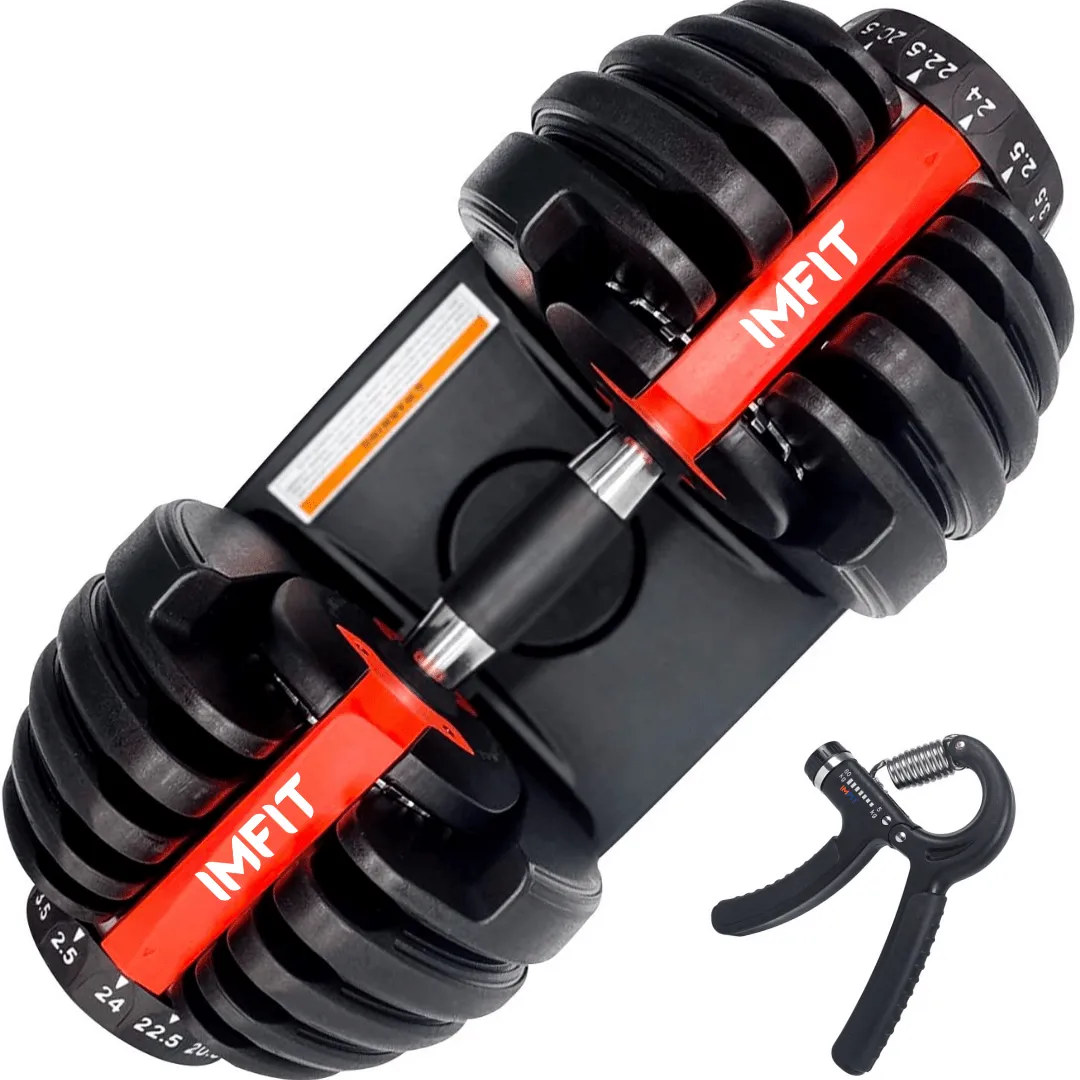 IMFIT 5lb-52.5lb Adjustable Dumbbell with Free Hand Grip- Weight adjusts from 5 to 52.5 lbs. 15 Adjustable Weight Settings, Space Efficient Compact Design, Easily Switch Exercises