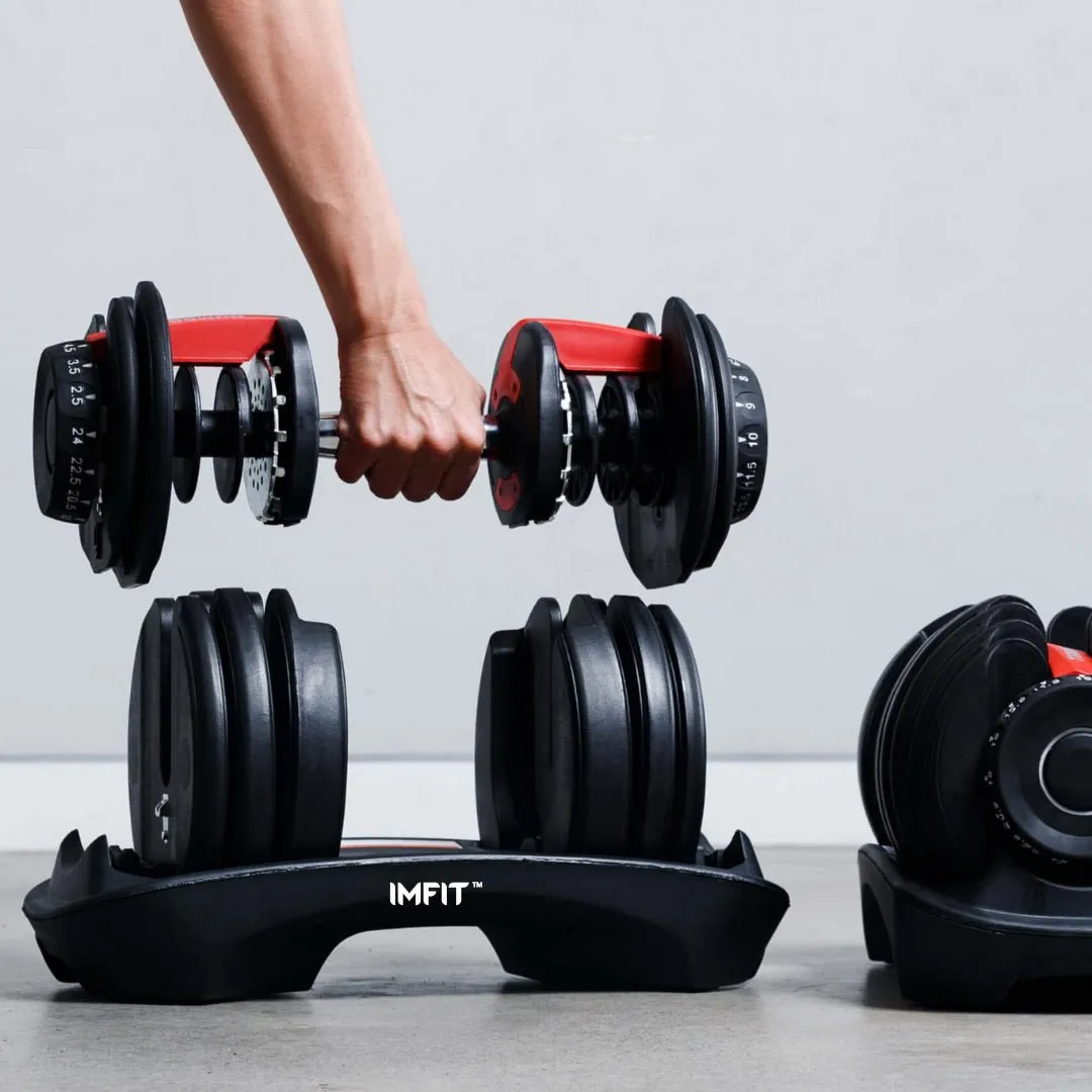 IMFIT 5lb-52.5lb Adjustable Dumbbell with Free Hand Grip- Weight adjusts from 5 to 52.5 lbs. 15 Adjustable Weight Settings, Space Efficient Compact Design, Easily Switch Exercises