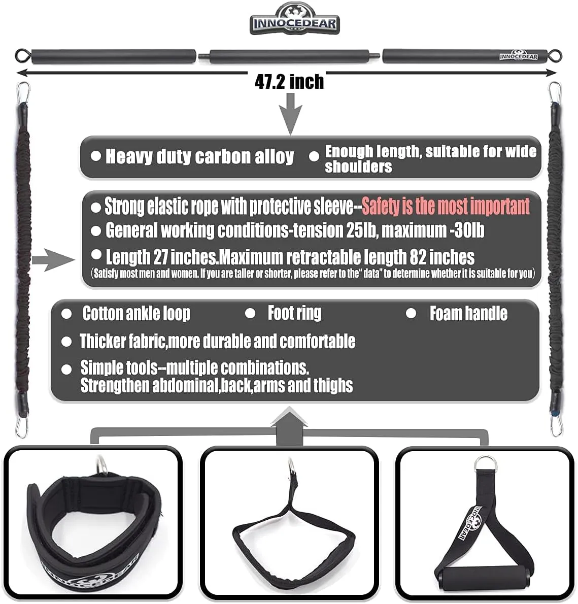 INNOCEDAR Home Gym Bar Kit with Resistance Bands,Portable Gym Full Body Workout,Adjustable Pilates Bar System,Safe Exercise Weight Set,Home Exercise Equipment for Men&Women- Muscle&Fitness