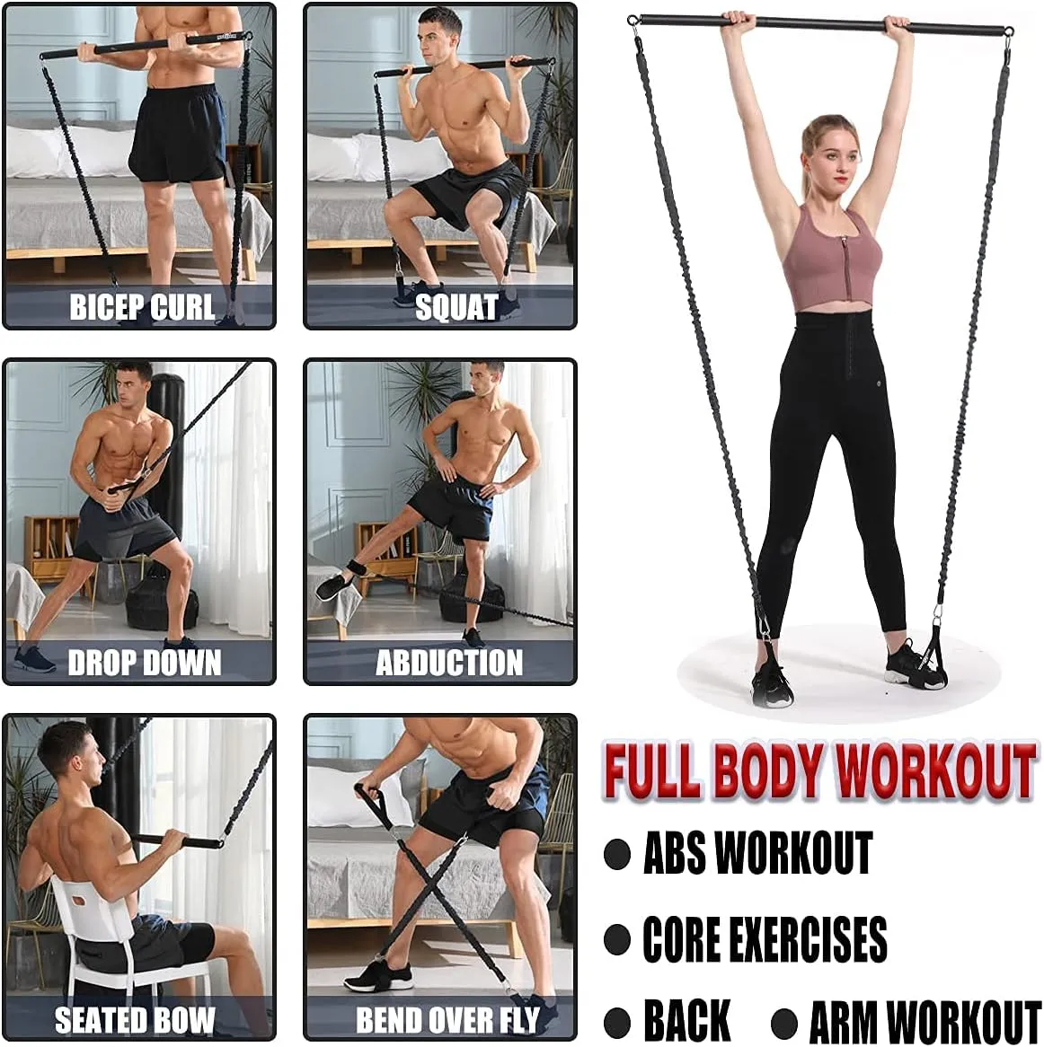 INNOCEDAR Home Gym Bar Kit with Resistance Bands,Portable Gym Full Body Workout,Adjustable Pilates Bar System,Safe Exercise Weight Set,Home Exercise Equipment for Men&Women- Muscle&Fitness