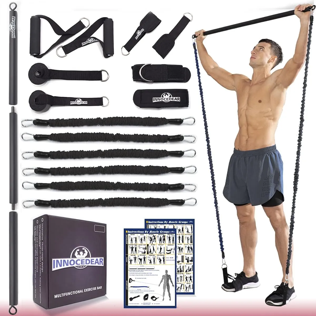 INNOCEDAR Home Gym Bar Kit with Resistance Bands,Portable Gym Full Body Workout,Adjustable Pilates Bar System,Safe Exercise Weight Set,Home Exercise Equipment for Men&Women- Muscle&Fitness