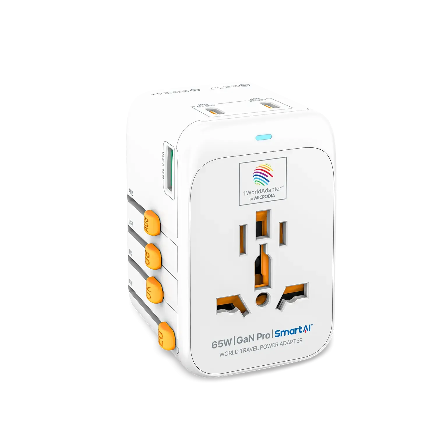 MICRODIA 1WorldAdapter™ PD65W GaN Pro™ with 3 x USB-C PD3.2 & USB-A QC4  PPS Fast Charging