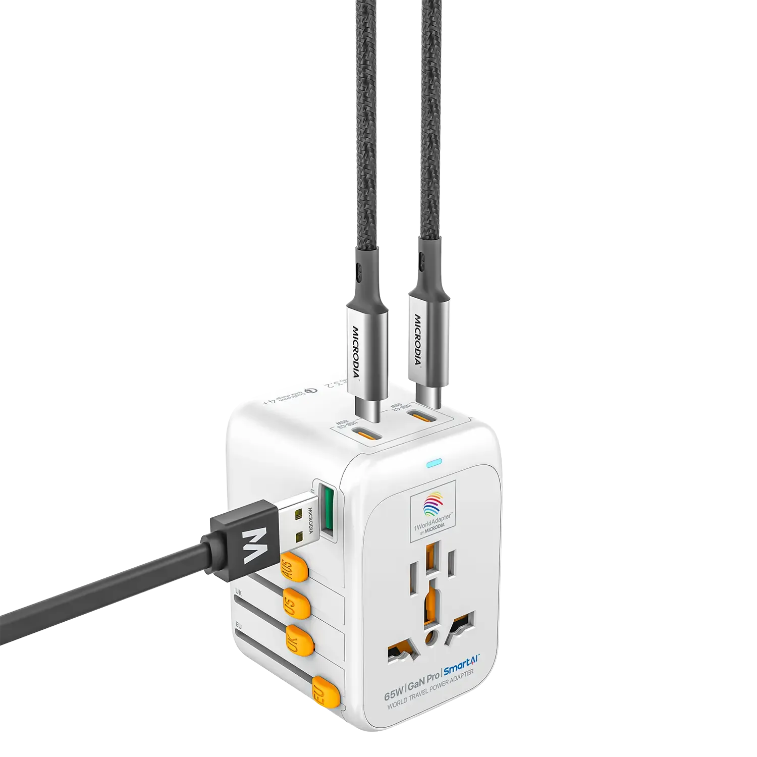 MICRODIA 1WorldAdapter™ PD65W GaN Pro™ with 3 x USB-C PD3.2 & USB-A QC4  PPS Fast Charging