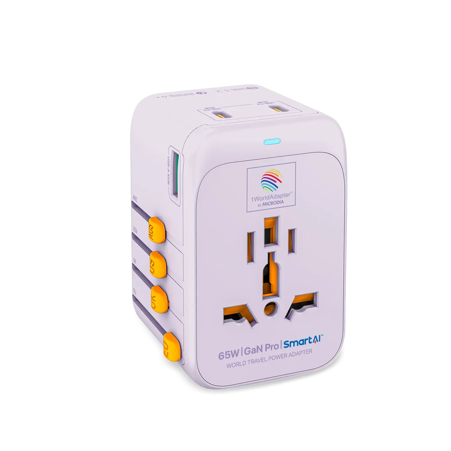 MICRODIA 1WorldAdapter™ PD65W GaN Pro™ with 3 x USB-C PD3.2 & USB-A QC4  PPS Fast Charging