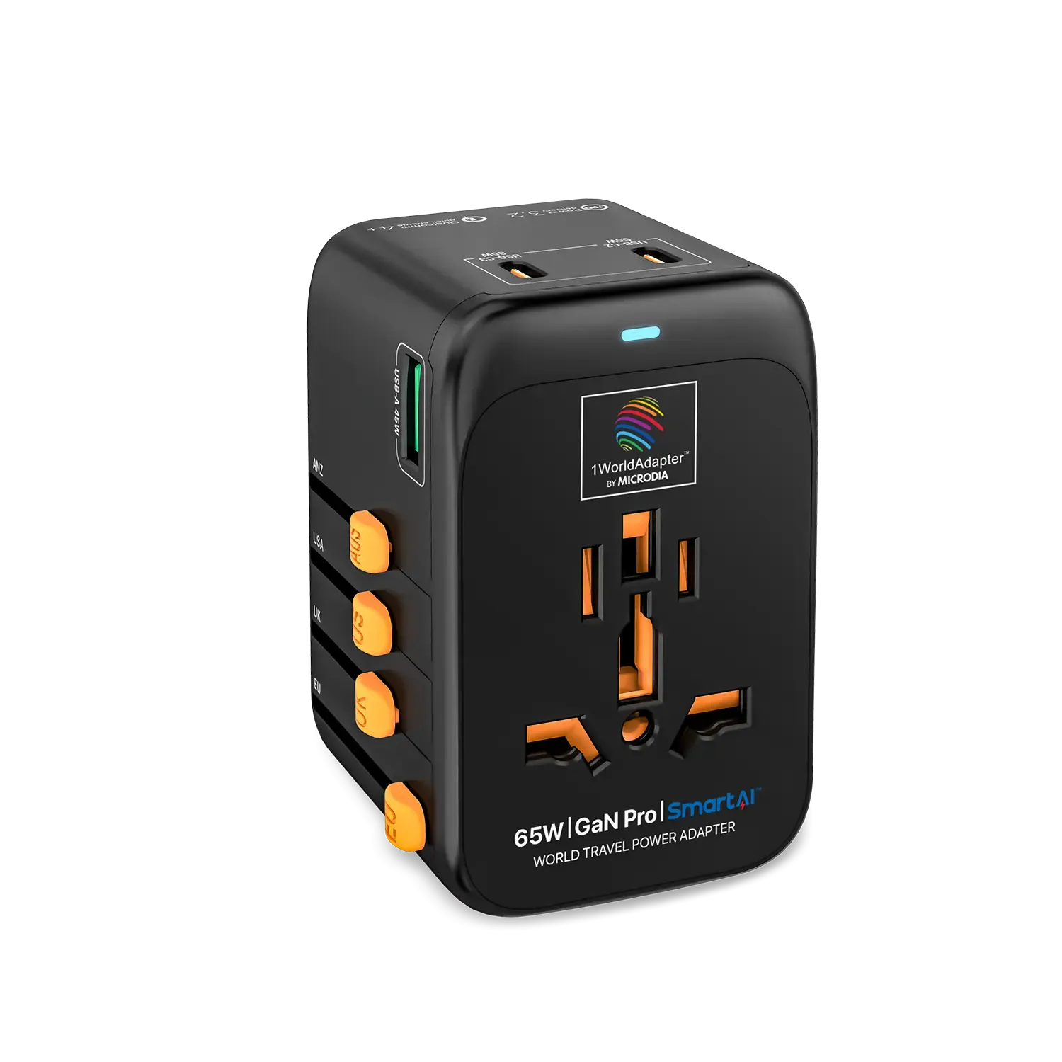 MICRODIA 1WorldAdapter™ PD65W GaN Pro™ with 3 x USB-C PD3.2 & USB-A QC4  PPS Fast Charging