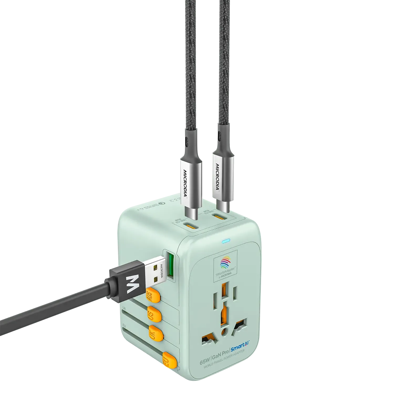 MICRODIA 1WorldAdapter™ PD65W GaN Pro™ with 3 x USB-C PD3.2 & USB-A QC4  PPS Fast Charging