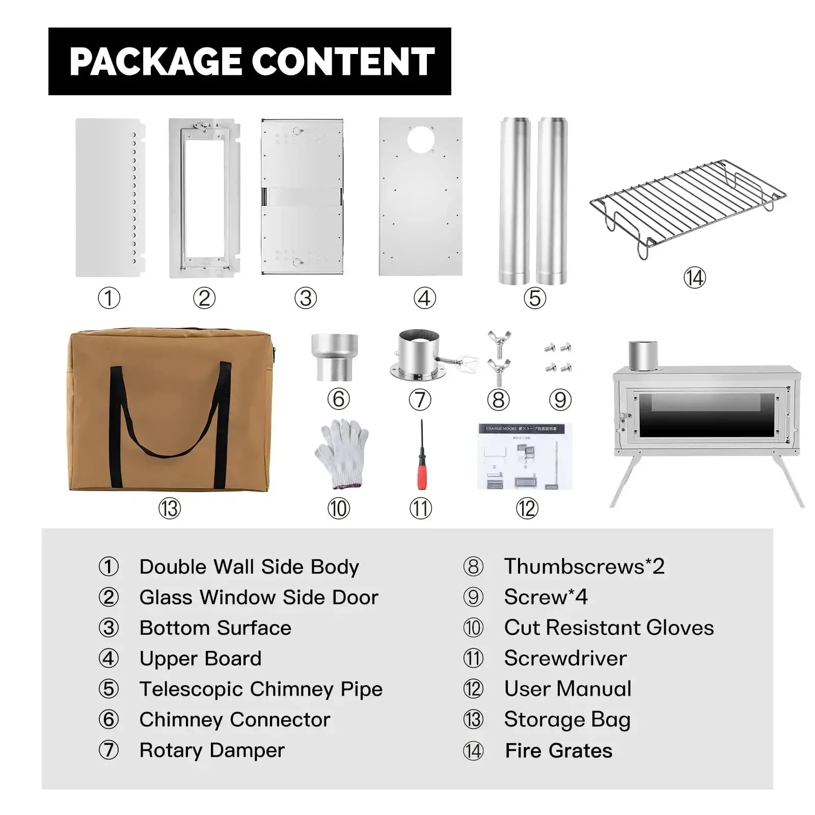 Portable Stainless Steel Outdoor Camping Wood Stove with Detachable Chimney