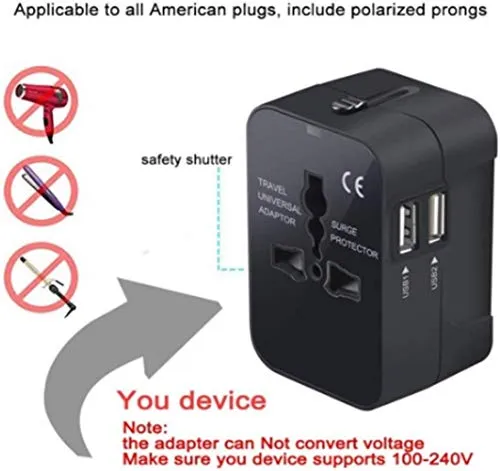 rts Universal Travel Adapter, International All in One Worldwide Travel Adapter and Wall Charger with USB Ports with Multi Type Power Outlet USB 2.1A,100-250 Voltage Travel Charger (Black)