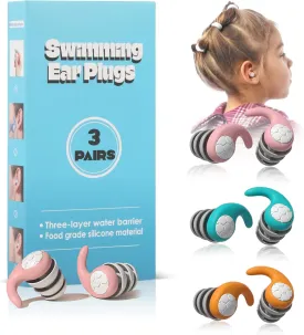 Swimming Ear Plugs for Kids,3 Pairs Waterproof Silicone Swim Earplugs for Swimming Surfing Diving Showering for 4-12 Years Olds Children and Small Ear Teens