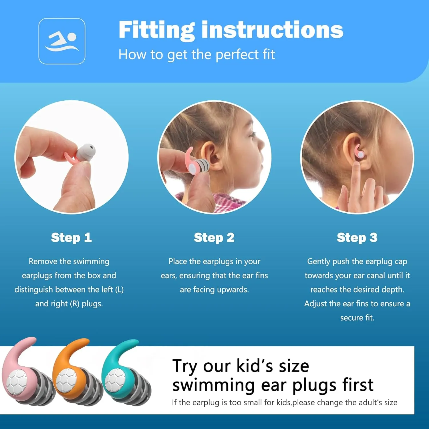 Swimming Ear Plugs for Kids,3 Pairs Waterproof Silicone Swim Earplugs for Swimming Surfing Diving Showering for 4-12 Years Olds Children and Small Ear Teens