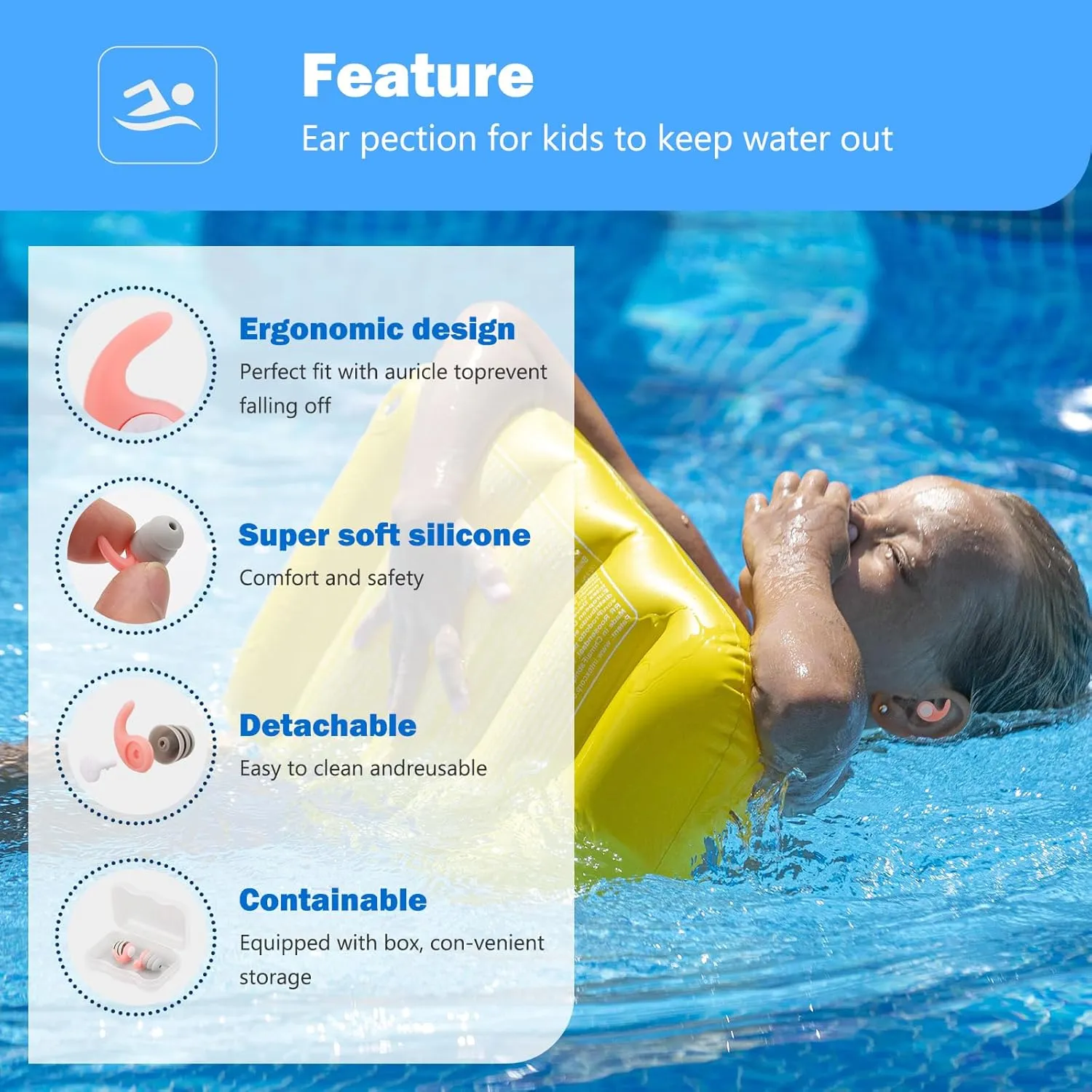 Swimming Ear Plugs for Kids,3 Pairs Waterproof Silicone Swim Earplugs for Swimming Surfing Diving Showering for 4-12 Years Olds Children and Small Ear Teens