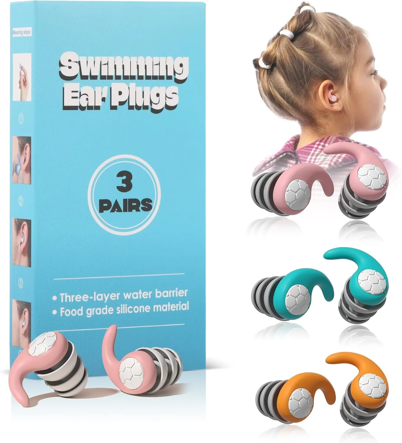 Swimming Ear Plugs for Kids,3 Pairs Waterproof Silicone Swim Earplugs for Swimming Surfing Diving Showering for 4-12 Years Olds Children and Small Ear Teens
