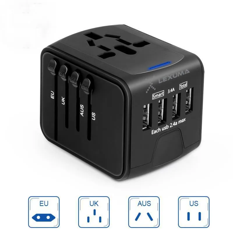 Universal Travel Adapter with 4 USB Ports for US EU UK AUS - All-in-One Charger with Smart Load Detection and Safety Certified