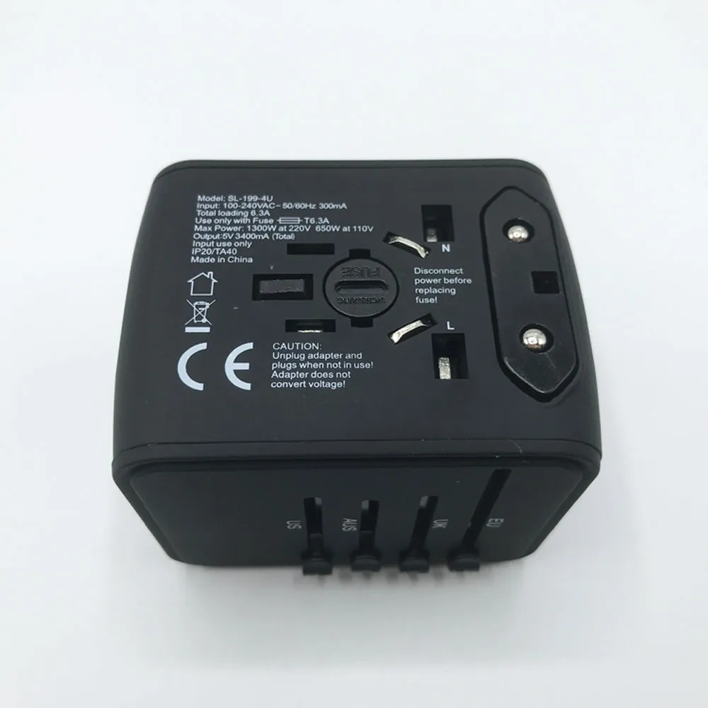 Universal Travel Adapter with 4 USB Ports for US EU UK AUS - All-in-One Charger with Smart Load Detection and Safety Certified