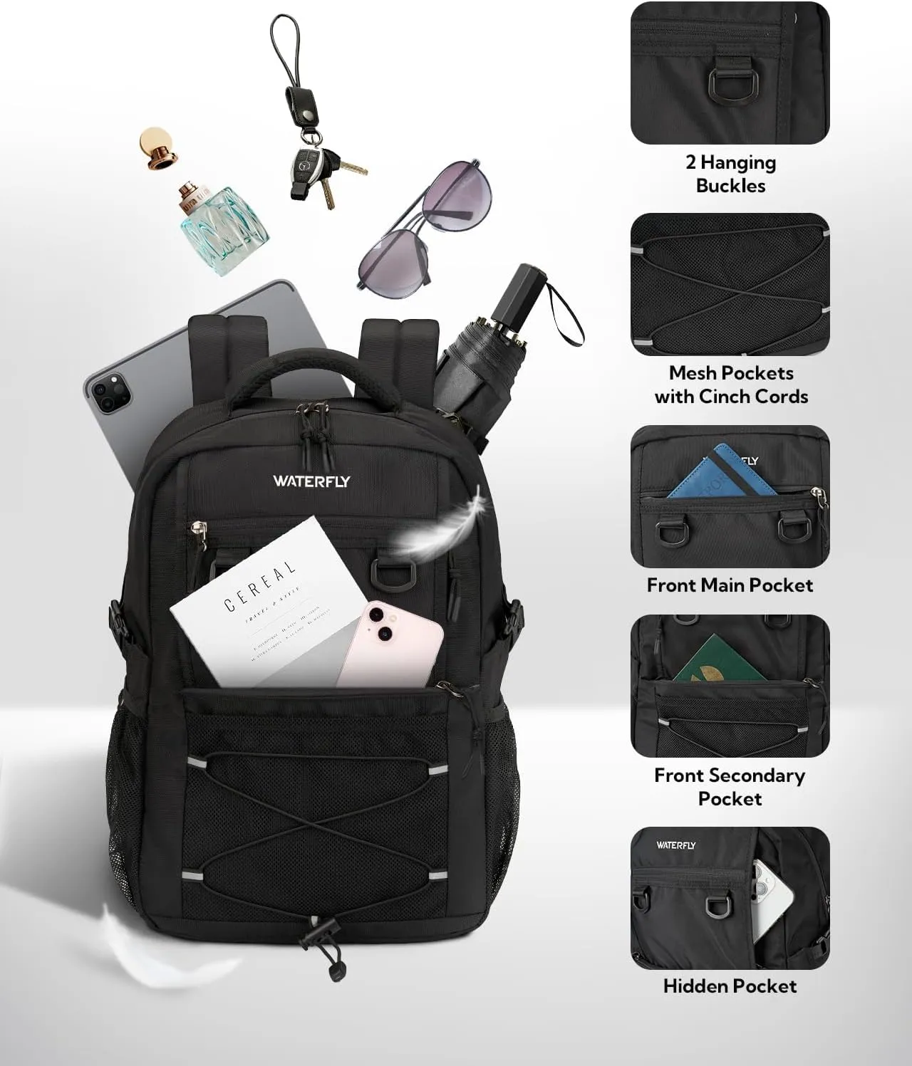 WATERFLY Travel Hiking Casual Backpack: Woman Man Everyday Commuter Outdoor City Daypack College Bookbag with Compartment - 22L Weekender Trip Day Back Pack Carry on Airplane Flight Approved, Black