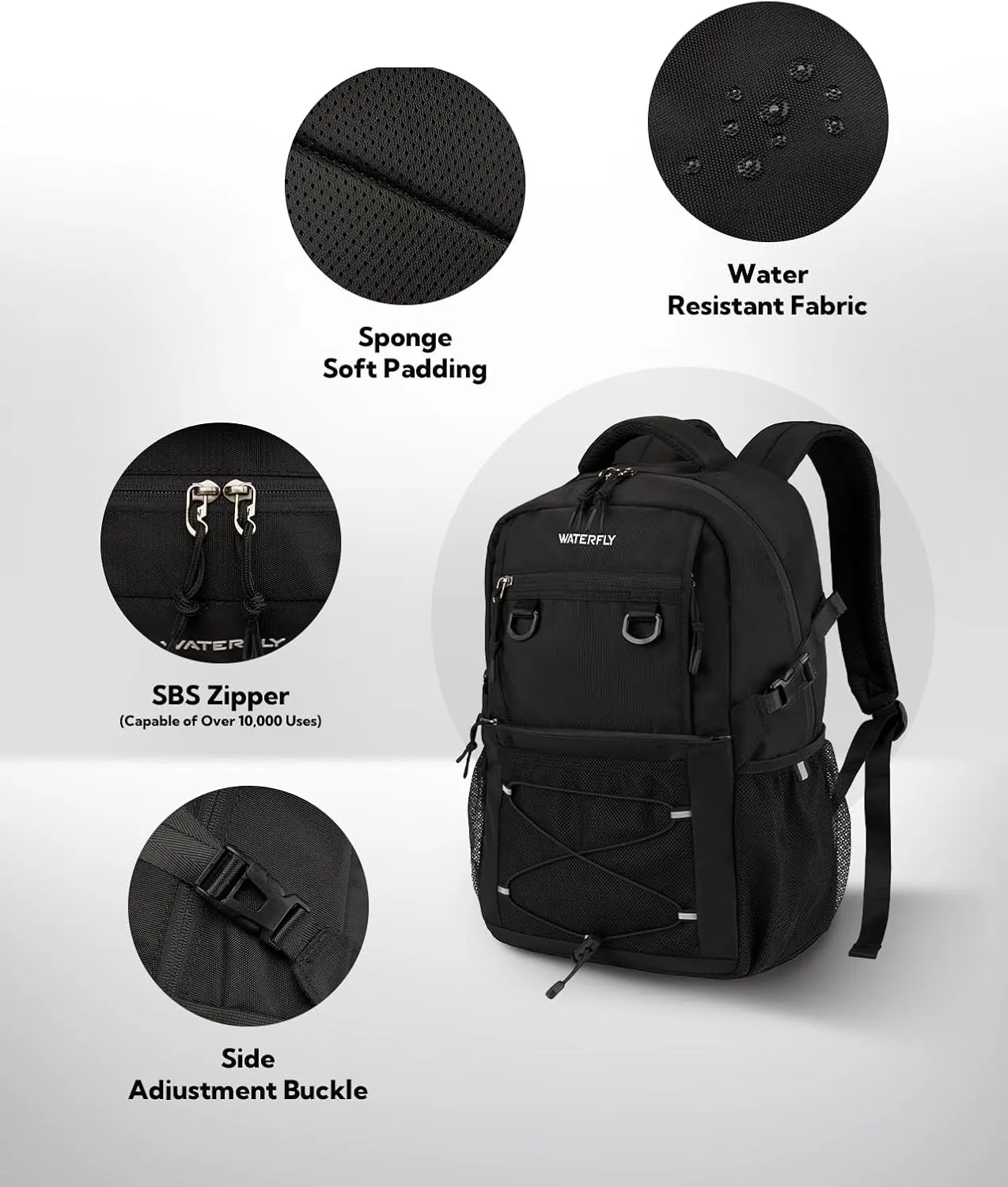 WATERFLY Travel Hiking Casual Backpack: Woman Man Everyday Commuter Outdoor City Daypack College Bookbag with Compartment - 22L Weekender Trip Day Back Pack Carry on Airplane Flight Approved, Black
